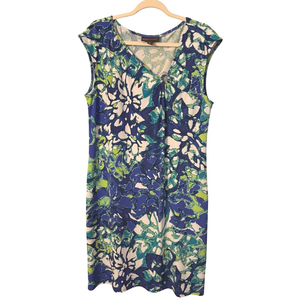 Dana Buchman Womens Sheath Dress Blue Green Abstract Floral Ring Detail Size L